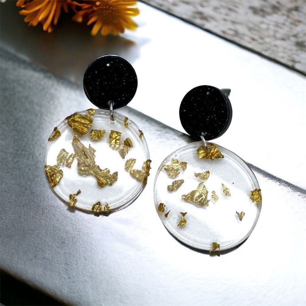 Chic Gold & Black Acrylic Earrings with Gold Leaf Flecks | NWT Elegance! - Picture 2 of 6